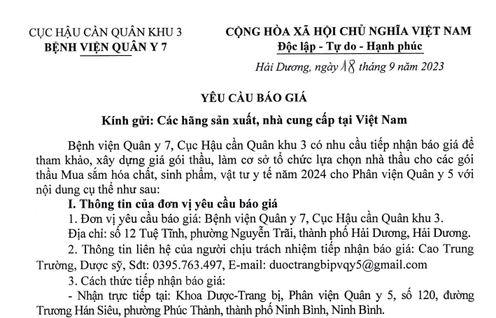 Yêu cầu báo giá mua sắm hóa chất, sinh phẩm, vật tư y tế năm 2024