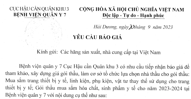 Yêu cầu báo giá mua sắm trang thiết bị y tế, linh kiện, phụ kiện, vật tư; mua sắm hóa chất, sinh phẩm y tế cho năm 2023-2024
