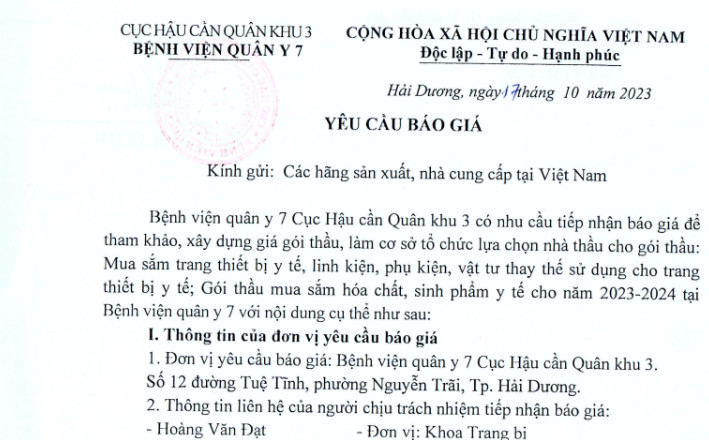 Thư mời mua sắm trang thiết bị y tế, linh kiện, phụ kiện, vật tư y tế