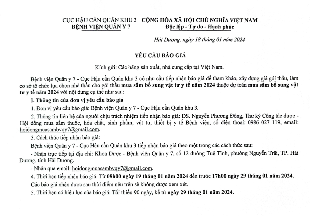 Yêu cầu báo giá xây dựng dự toán mua sắm bổ sung vật tư y tế năm 2024