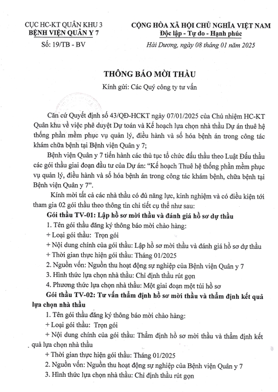 Bệnh viện quân y 7 tổ chức Kế hoạch lựa chọn nhà thầu dự án thuê hệ thống phần mềm phục vụ quản lý, điều hành và số hóa bệnh án trong công tác khám chữa bệnh tại Bệnh viện quân y 7.
