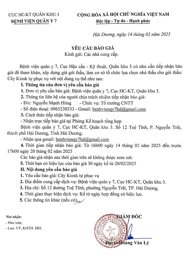 Bệnh viện quân y 7, Cục Hậu cần - Kỹ thuật, Quân khu 3 có nhu cầu tiếp nhận báo giá để tham khảo, xây dựng giá gói thầu...