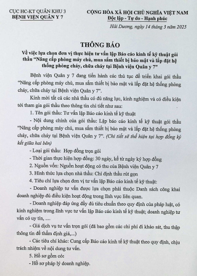 Bệnh viện quân y 7, Cục Hậu cần - Kỹ thuật Quân khu 3 có nhu cầu tiếp nhận báo giá để tham khảo, xây dựng giá gói thầu, làm cơ sở tổ chức lựa chọn nhà thầu gói thầu:
