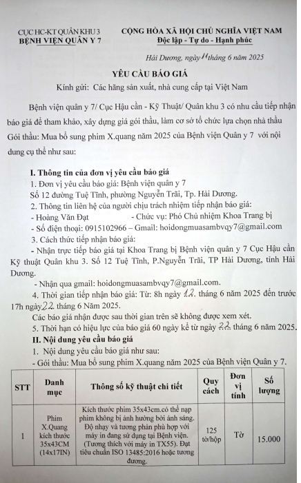 Bệnh viện quân y 7, Cục Hậu cần - Kỹ thuật, Quân khu 3 có nhu cầu tiếp nhận báo giá để tham khảo, xây dựng giá gói thầu:
