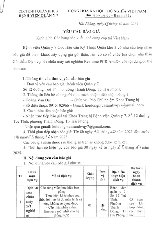 Thông báo yêu cầu báo giá