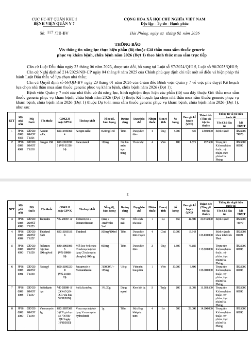 Bệnh viện Quân y 7, Cục Hậu cần - Kỹ thuật Quân khu 3 có nhu cầu tiếp nhận báo giá để tham khảo, xây dưng giá làm cơ sở xây dựng kế hoạch lựa chọn nhà thầu gói thầu: