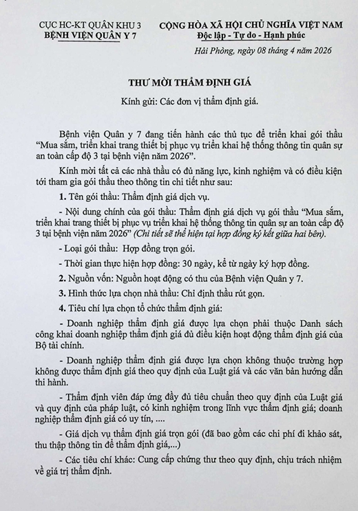 Bệnh viện Quân y 7, Cục Hậu cần - Kỹ thuật, Quân khu 3 đang tiến hành các thủ tục để triển khai gói thầu: 