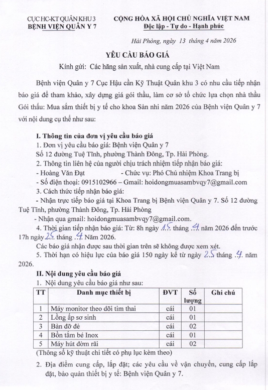 Bệnh viện Quân y 7, Cục Hậu cần - Kỹ thuật Quân khu 3 có nhu cầu tiếp nhận báo giá để tham khảo, xây dựng giá gói thầu, làm cơ sở tổ chức lựa chọn nhà thầu:
