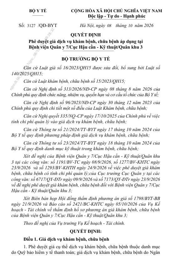 Bệnh viện Quân y 7 thông báo về việc Phê duyệt giá dịch vụ khám bệnh, chữa bệnh áp dụng tại  Bệnh viện Quân y 7/Cục Hậu cần - Kỹ thuật/Quân khu 3